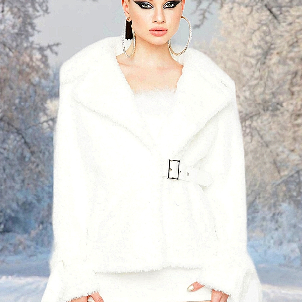 Sherpa Faux Fur Jacket Belted White